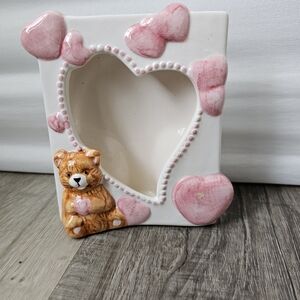 Ceramic Heart-Shaped Photo Frame with Pink Hearts and Teddy Accent